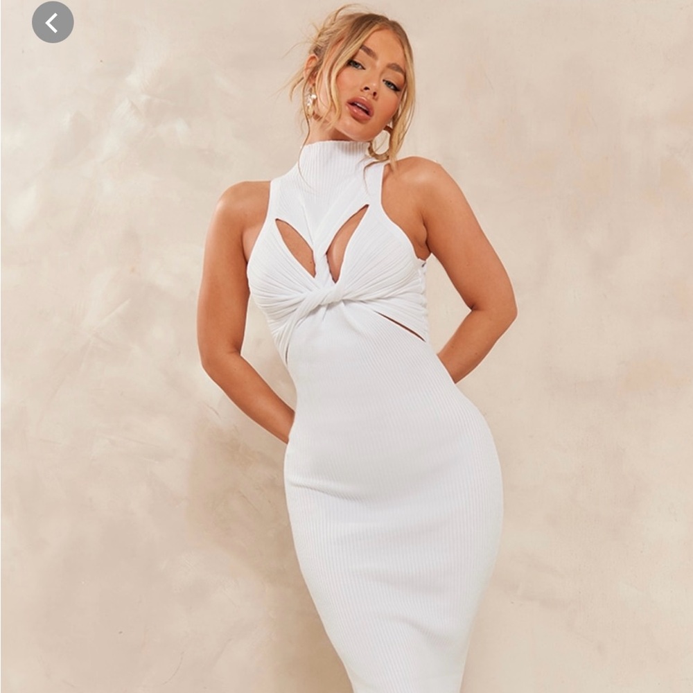 White Twist Front Knit Sleeveless Maxi Dress